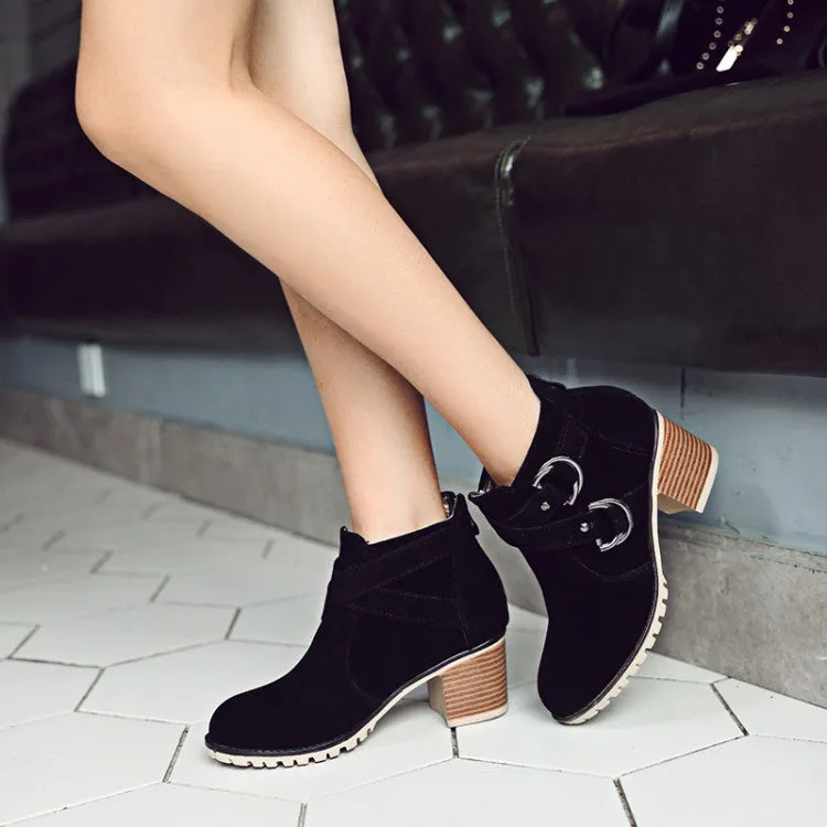 Women Buckle Block High Heel Ankle Boots