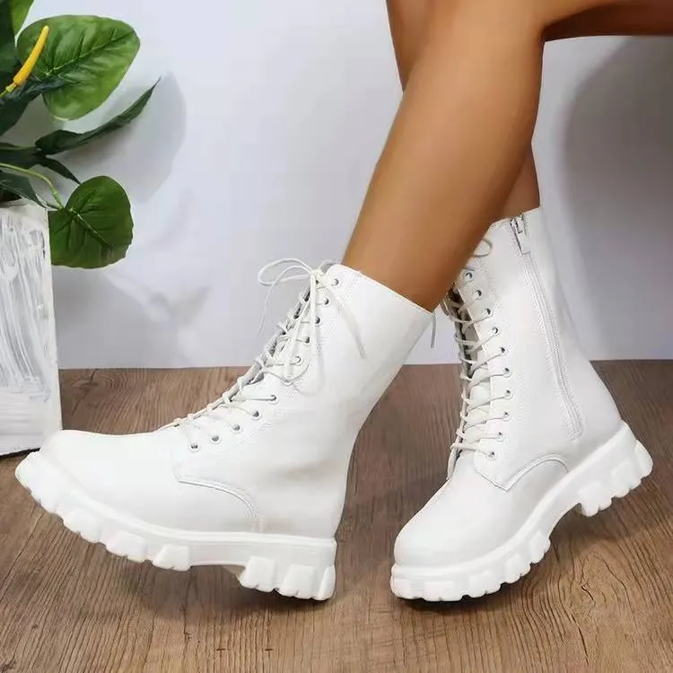 Women combat boots England style mid calf chunky platform boots with side zipper