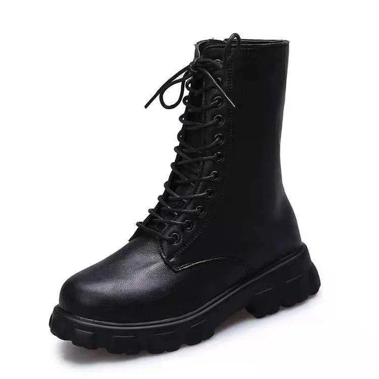 Women combat boots England style mid calf chunky platform boots with side zipper