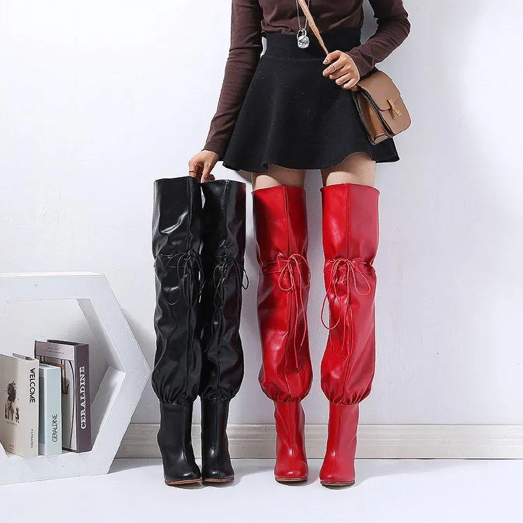 Women fashion chunky high heel lace up thigh high boots