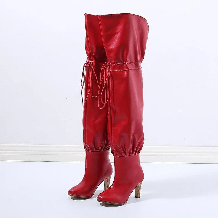 Women fashion chunky high heel lace up thigh high boots