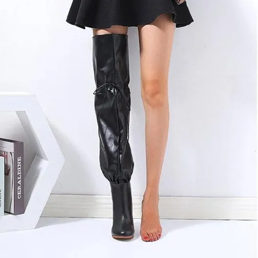 Women fashion chunky high heel lace up thigh high boots