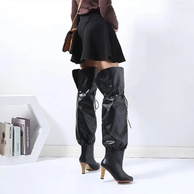 Women fashion chunky high heel lace up thigh high boots