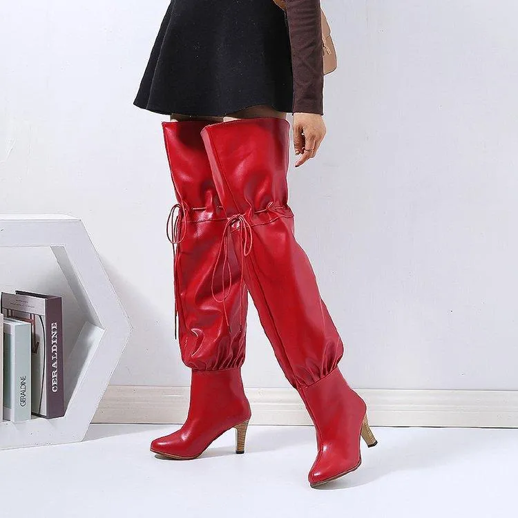 Women fashion chunky high heel lace up thigh high boots