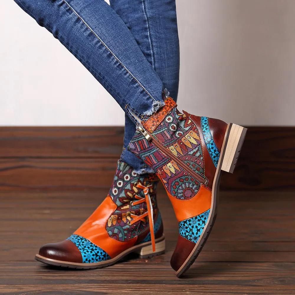 Women flower patchwork criss cross lace zipper low heel booties