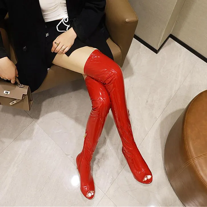 Women jazz stiletto peep toe solid color over the knee boots