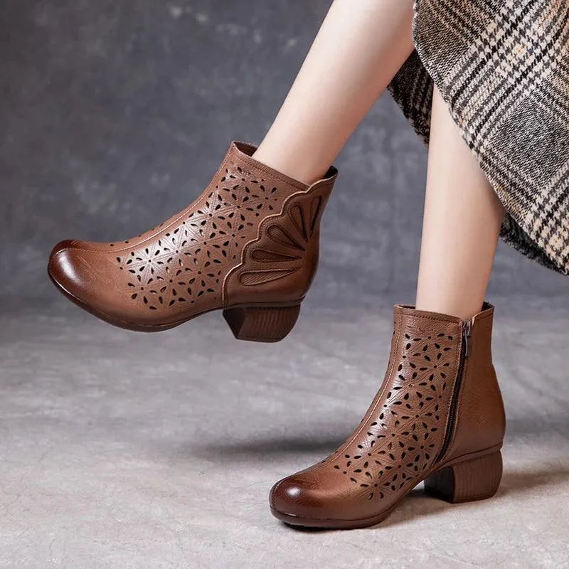 Women's Casual Shoes - Leather Ankle Boots With Mid Heels - TSS131