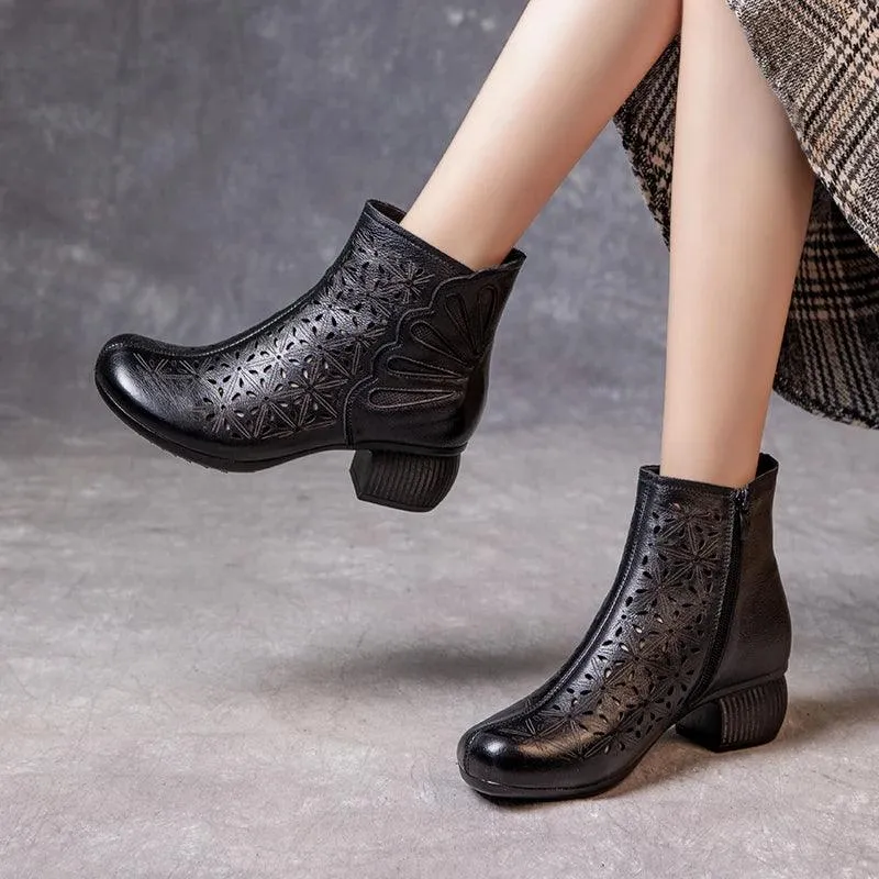 Women's Casual Shoes - Leather Ankle Boots With Mid Heels - TSS131