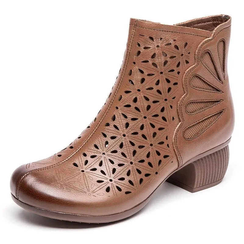 Women's Casual Shoes - Leather Ankle Boots With Mid Heels - TSS131