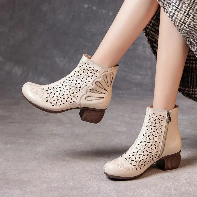 Women's Casual Shoes - Leather Ankle Boots With Mid Heels - TSS131