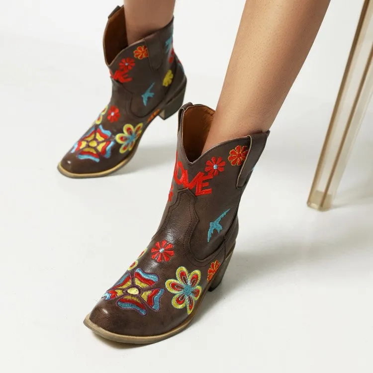 Women's Ethnic Embroidery Puppy Heel Cowboy Short Boots