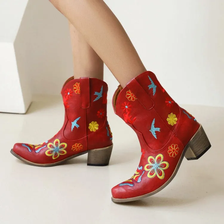 Women's Ethnic Embroidery Puppy Heel Cowboy Short Boots