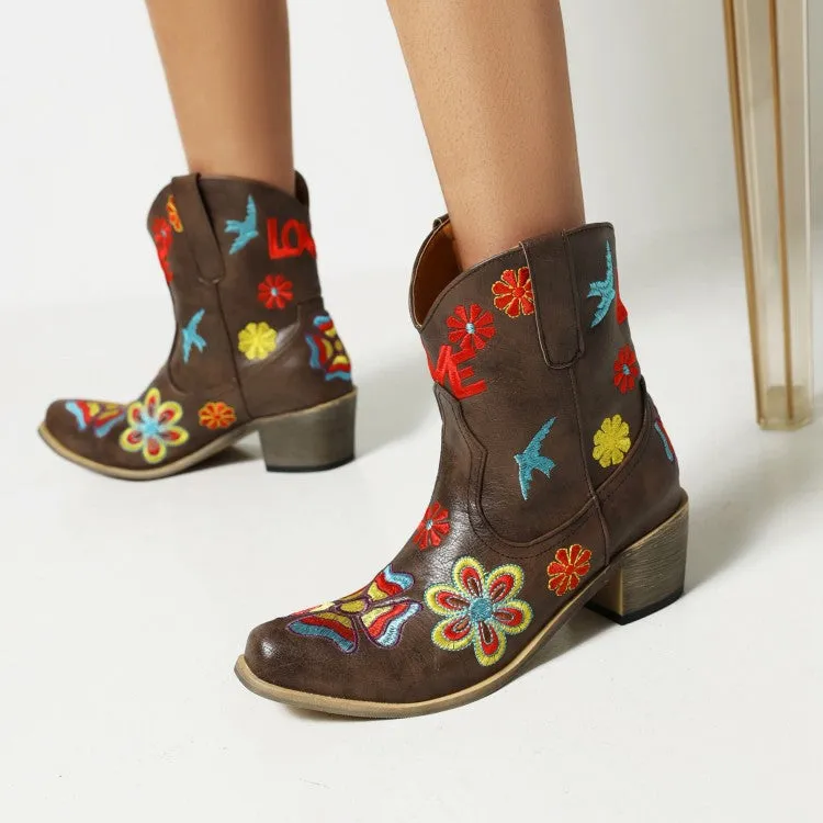 Women's Ethnic Embroidery Puppy Heel Cowboy Short Boots