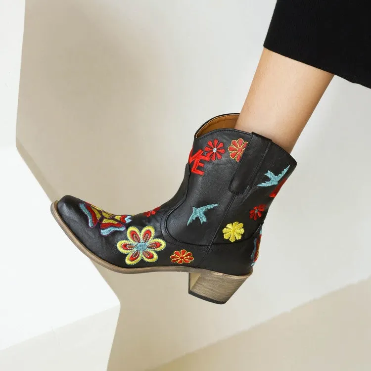 Women's Ethnic Embroidery Puppy Heel Cowboy Short Boots