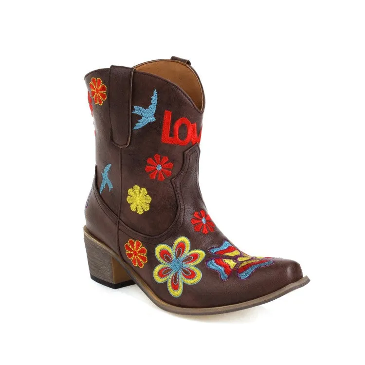 Women's Ethnic Embroidery Puppy Heel Cowboy Short Boots