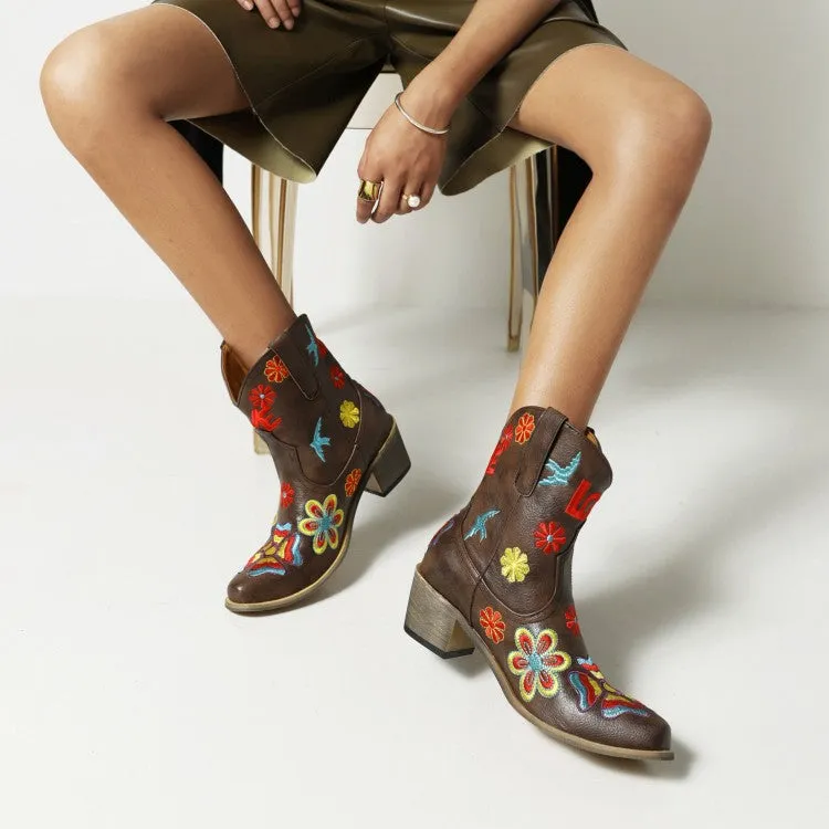 Women's Ethnic Embroidery Puppy Heel Cowboy Short Boots