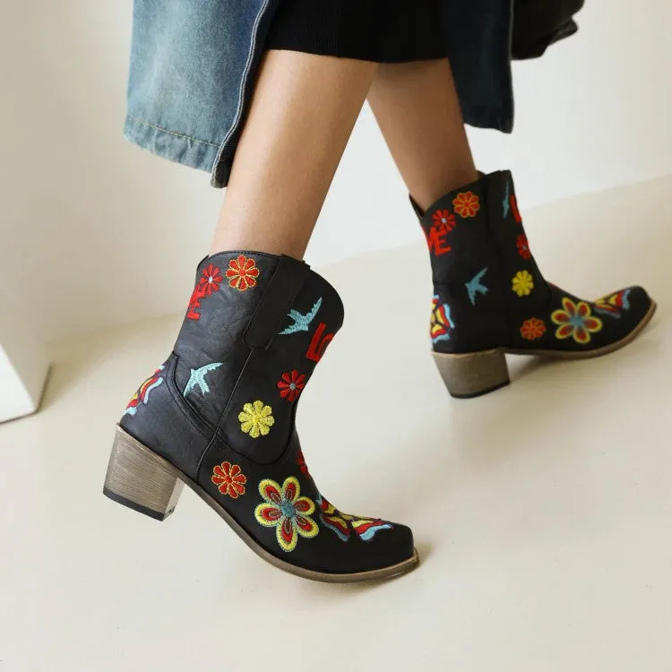 Women's Ethnic Embroidery Puppy Heel Cowboy Short Boots