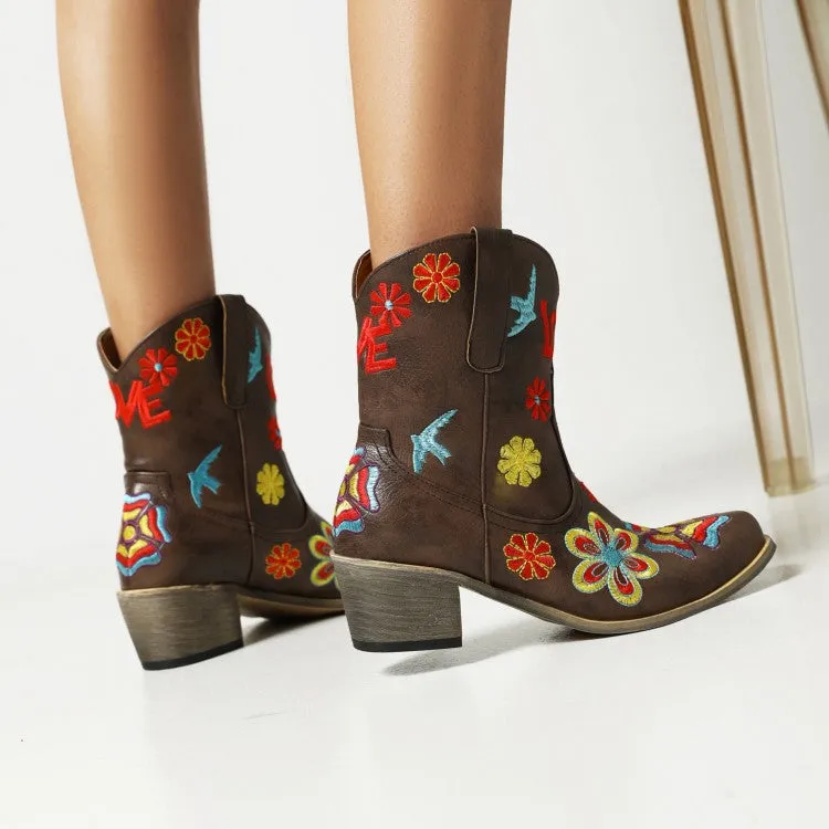 Women's Ethnic Embroidery Puppy Heel Cowboy Short Boots