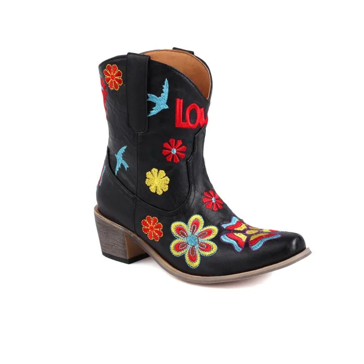 Women's Ethnic Embroidery Puppy Heel Cowboy Short Boots