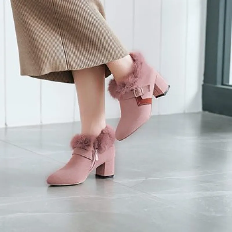 Women's Flock Pointed Toe Buckle Straps Floppy Block Chunky Heel Short Boots