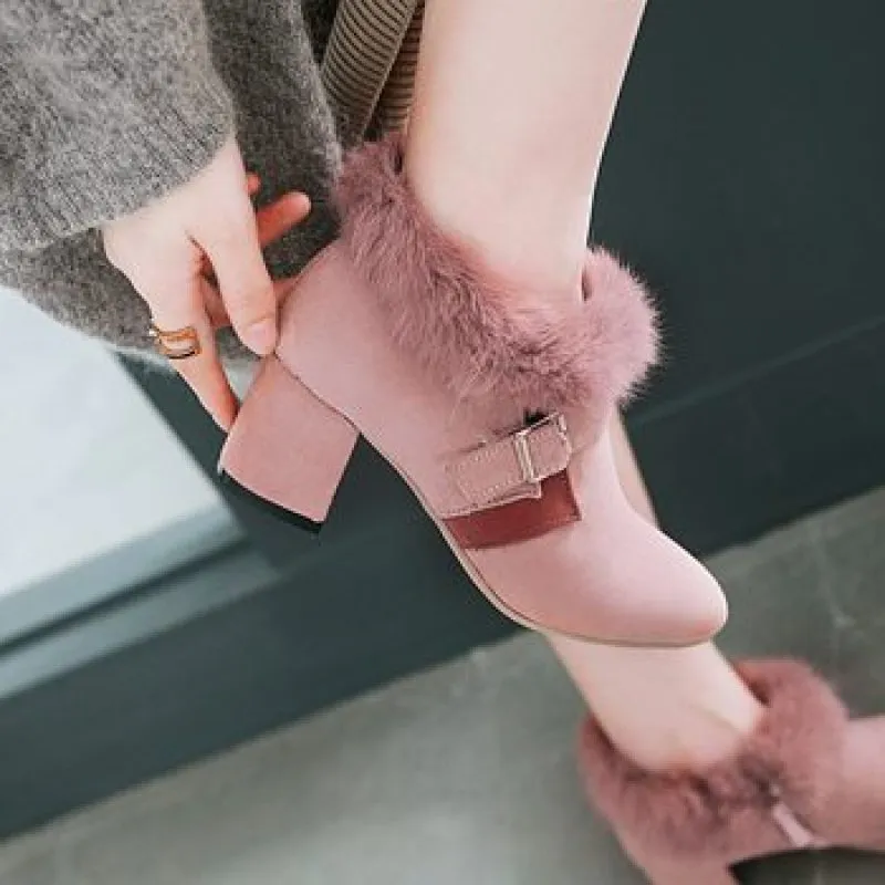 Women's Flock Pointed Toe Buckle Straps Floppy Block Chunky Heel Short Boots