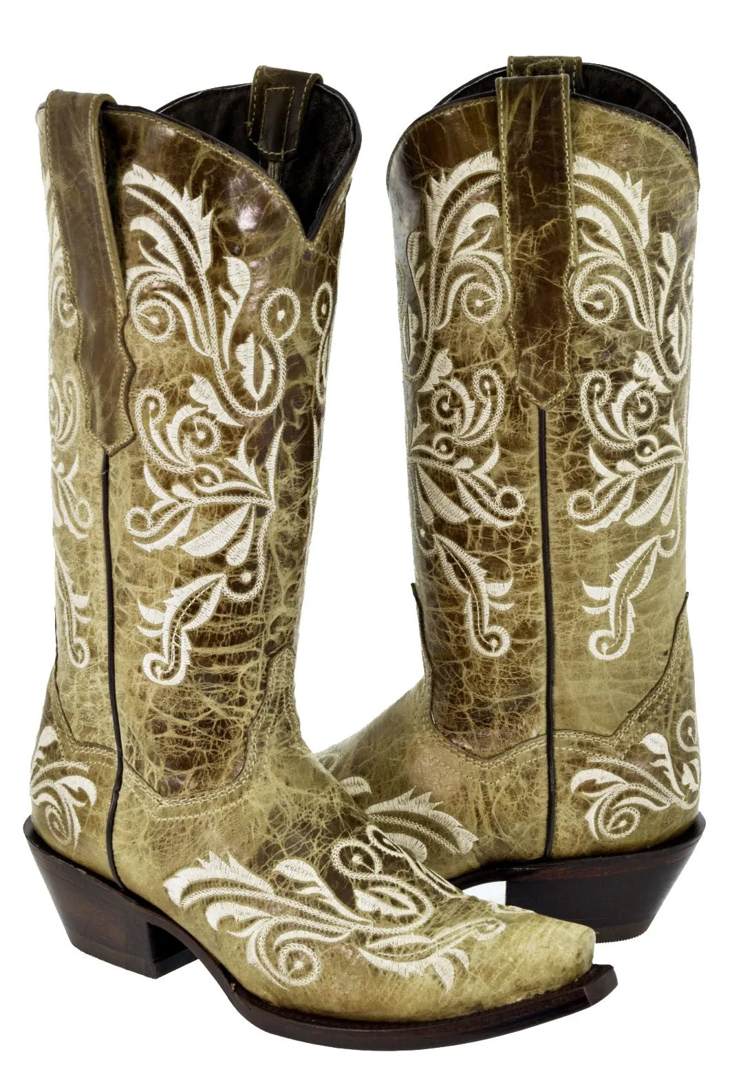 Womens Granada Sand Cowboy Boots Swan Embroidered - Snip Toe