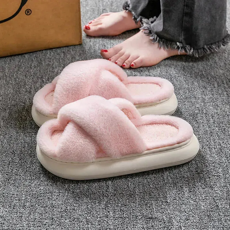 Women's Platform Fuzzy Home Slippers Winter Open Toe Criss-cross Solid Color Casual Floor Slides Indoor Flat Comfy House Shoes