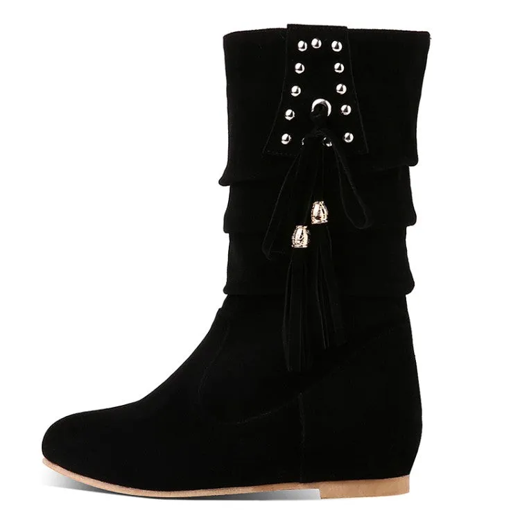 Women's Rivets Tassel Mid Heel Mid Calf Boots