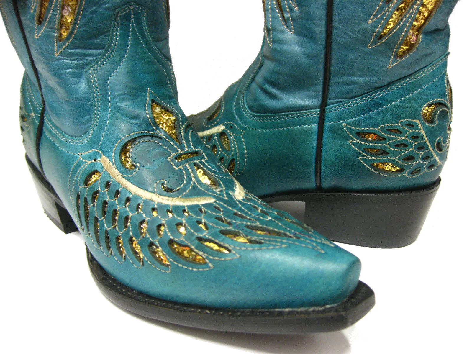 Womens Turquoise Cowboy Boots Fleur-De-Lis & Wings Gold Sequins - Snip Toe