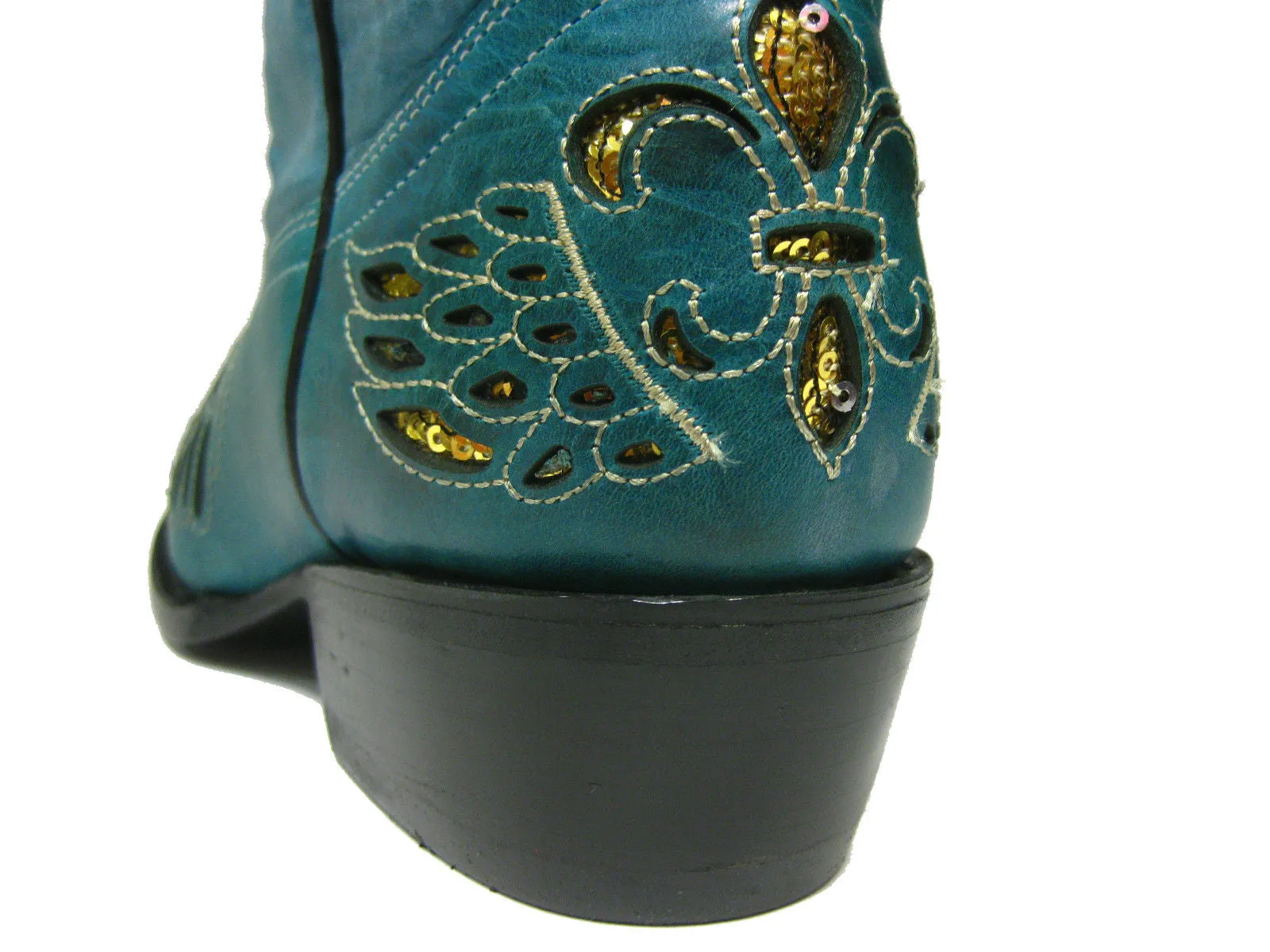 Womens Turquoise Cowboy Boots Fleur-De-Lis & Wings Gold Sequins - Snip Toe