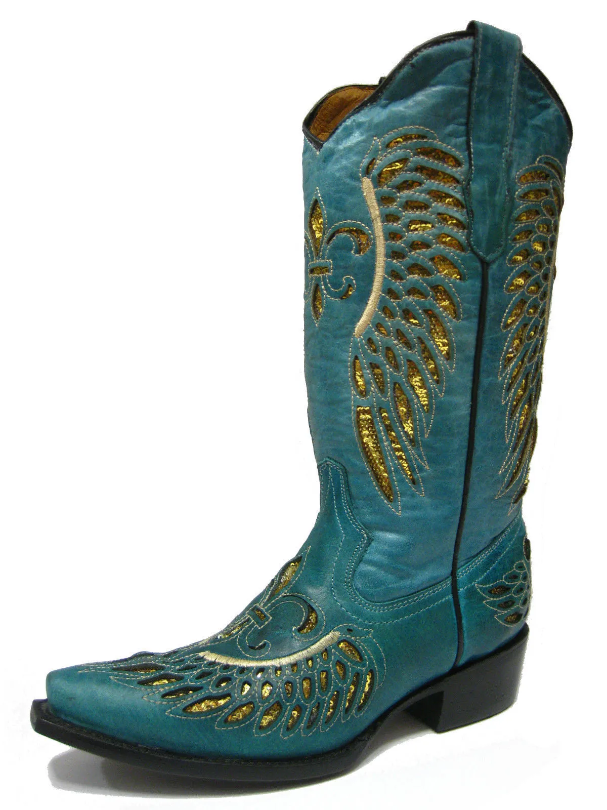 Womens Turquoise Cowboy Boots Fleur-De-Lis & Wings Gold Sequins - Snip Toe