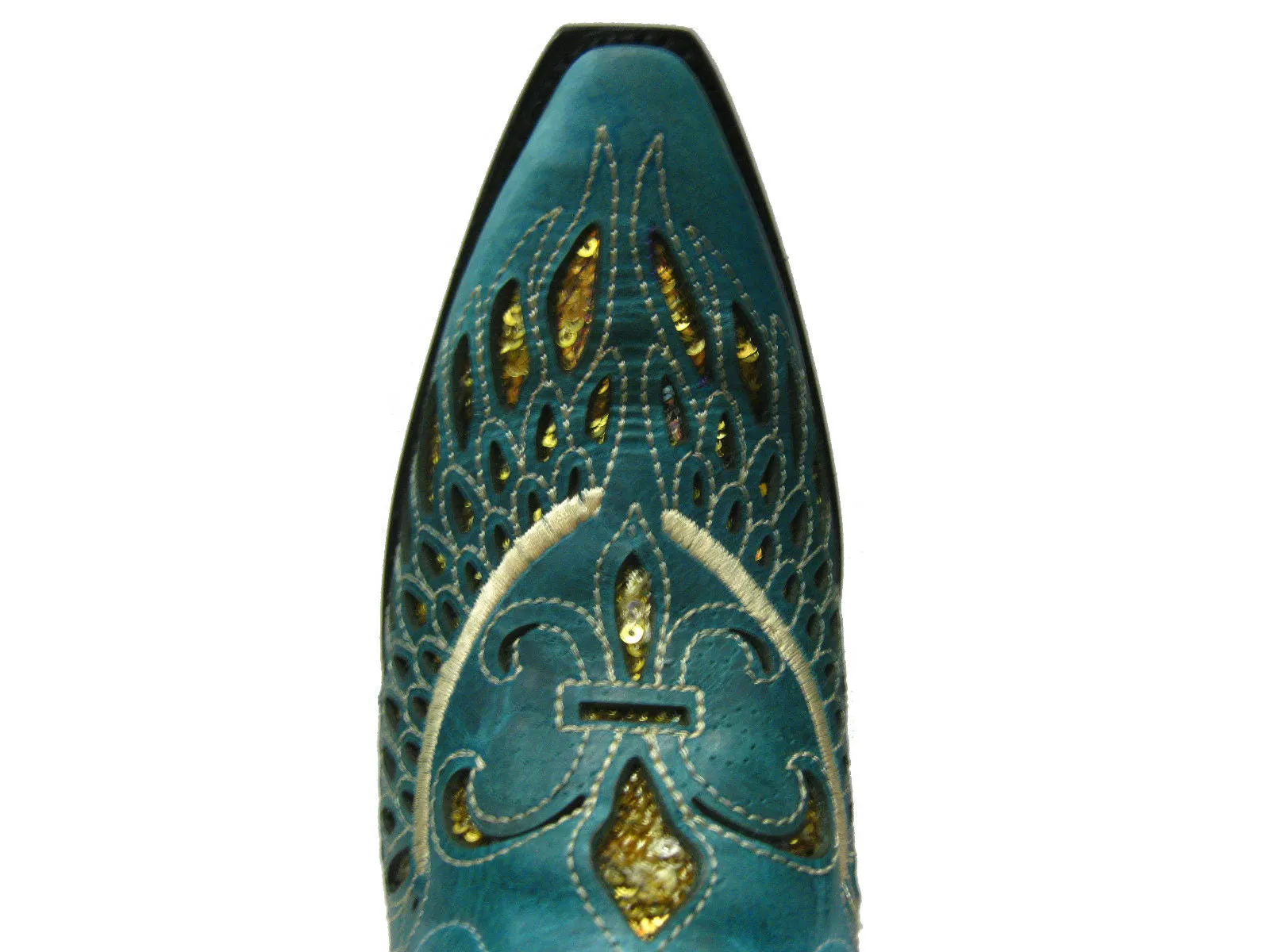 Womens Turquoise Cowboy Boots Fleur-De-Lis & Wings Gold Sequins - Snip Toe