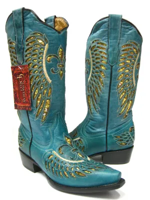 Womens Turquoise Cowboy Boots Fleur-De-Lis & Wings Gold Sequins - Snip Toe