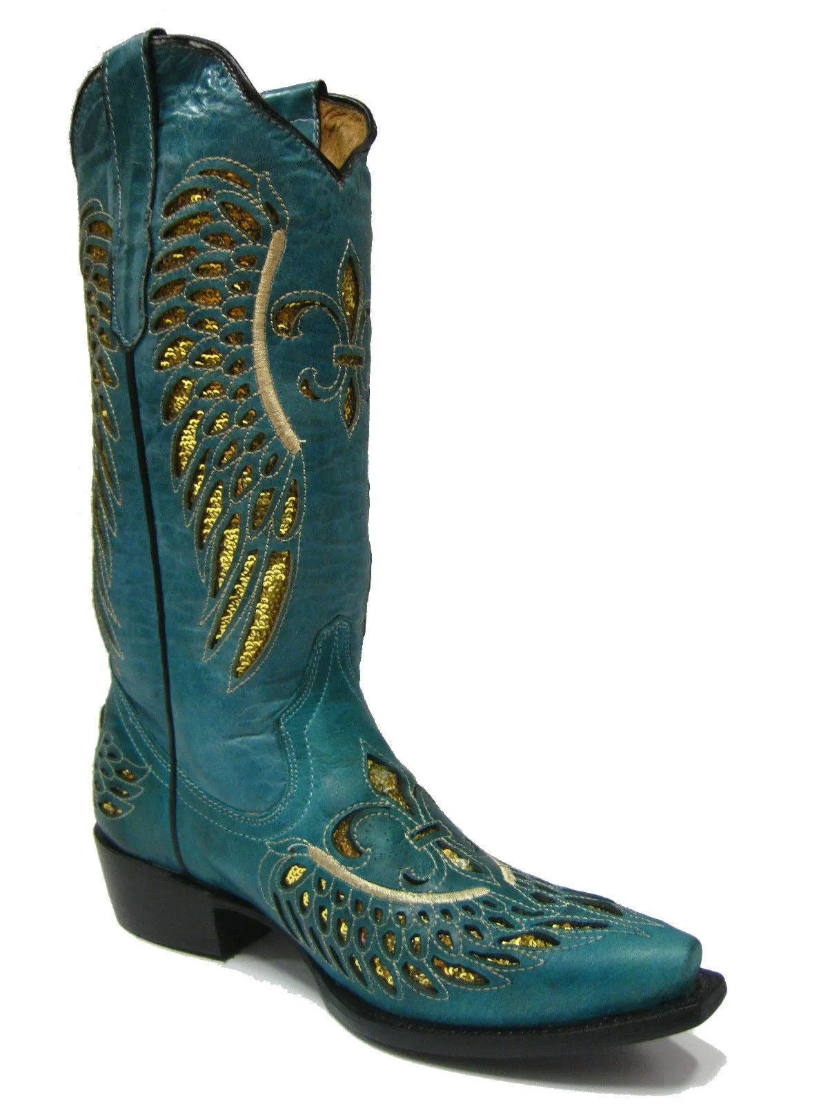 Womens Turquoise Cowboy Boots Fleur-De-Lis & Wings Gold Sequins - Snip Toe