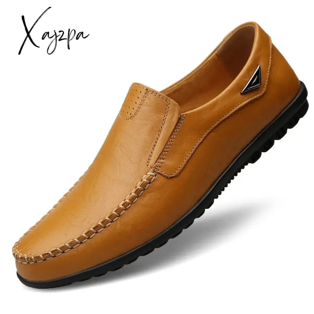 Xajzpa - Genuine Leather Men Casual Shoes Luxury Brand Mens Loafers Moccasins Breathable Slip on Black Driving Shoes Plus Size 37-47