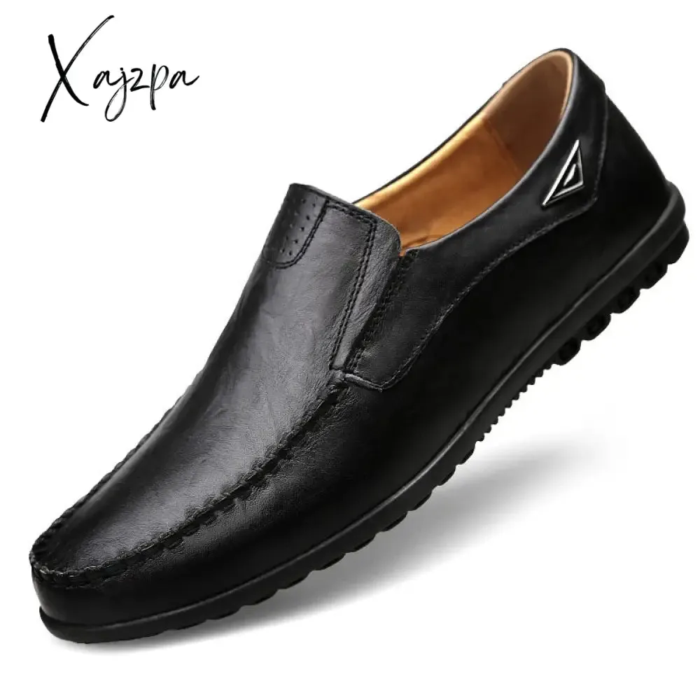 Xajzpa - Genuine Leather Men Casual Shoes Luxury Brand Mens Loafers Moccasins Breathable Slip on Black Driving Shoes Plus Size 37-47