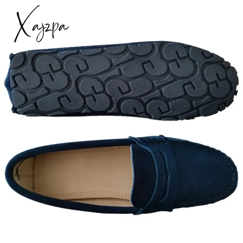 Xajzpa - Shoes Women 100% Genuine Leather Women Flat Shoes Casual Loafers Slip On Women's Flats Shoes Moccasins Lady Driving Shoes