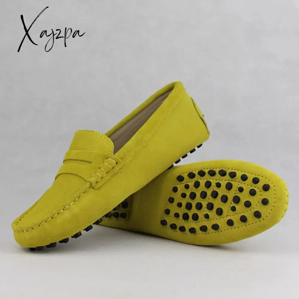 Xajzpa - Shoes Women 100% Genuine Leather Women Flat Shoes Casual Loafers Slip On Women's Flats Shoes Moccasins Lady Driving Shoes