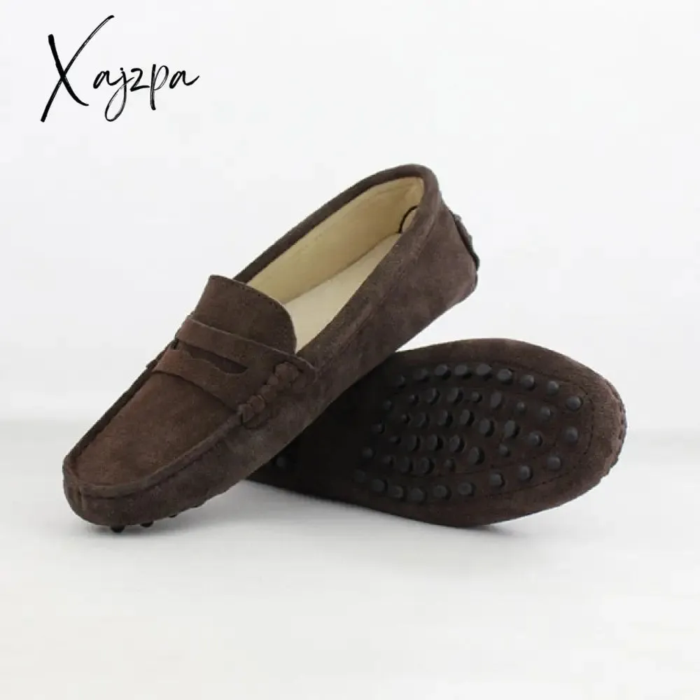 Xajzpa - Shoes Women 100% Genuine Leather Women Flat Shoes Casual Loafers Slip On Women's Flats Shoes Moccasins Lady Driving Shoes