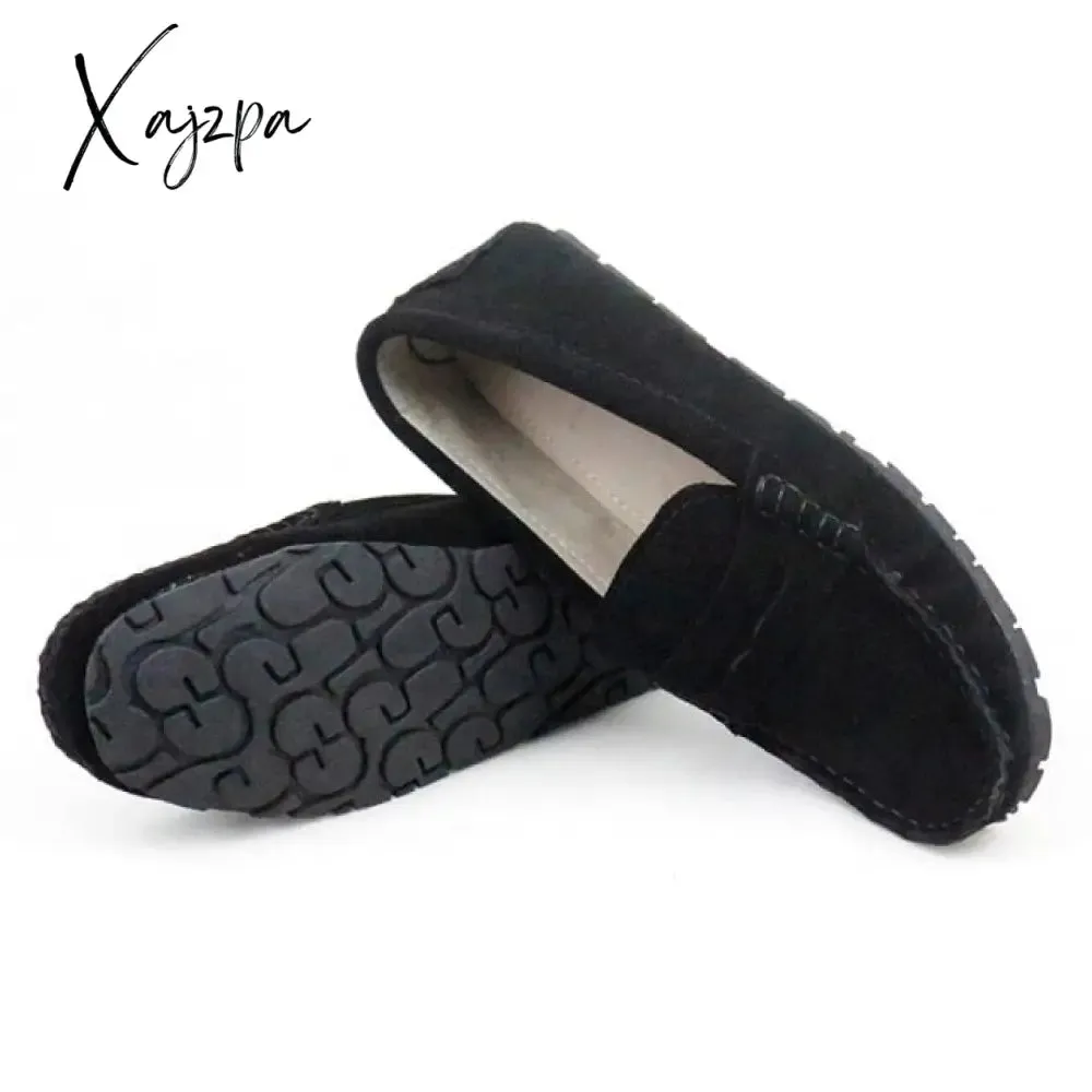 Xajzpa - Shoes Women 100% Genuine Leather Women Flat Shoes Casual Loafers Slip On Women's Flats Shoes Moccasins Lady Driving Shoes