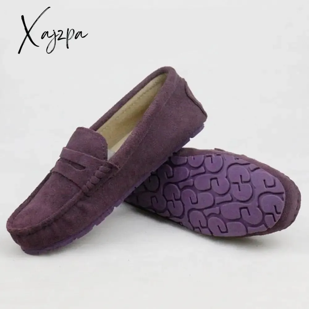 Xajzpa - Shoes Women 100% Genuine Leather Women Flat Shoes Casual Loafers Slip On Women's Flats Shoes Moccasins Lady Driving Shoes