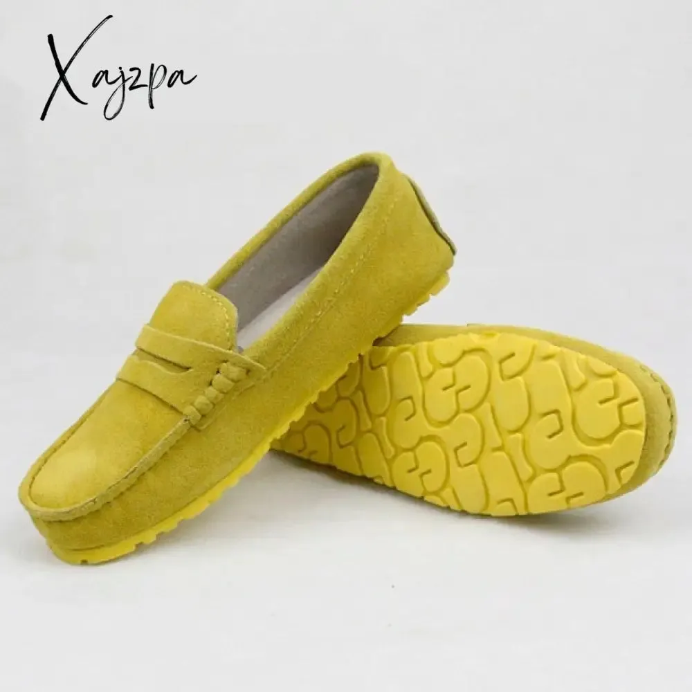 Xajzpa - Shoes Women 100% Genuine Leather Women Flat Shoes Casual Loafers Slip On Women's Flats Shoes Moccasins Lady Driving Shoes