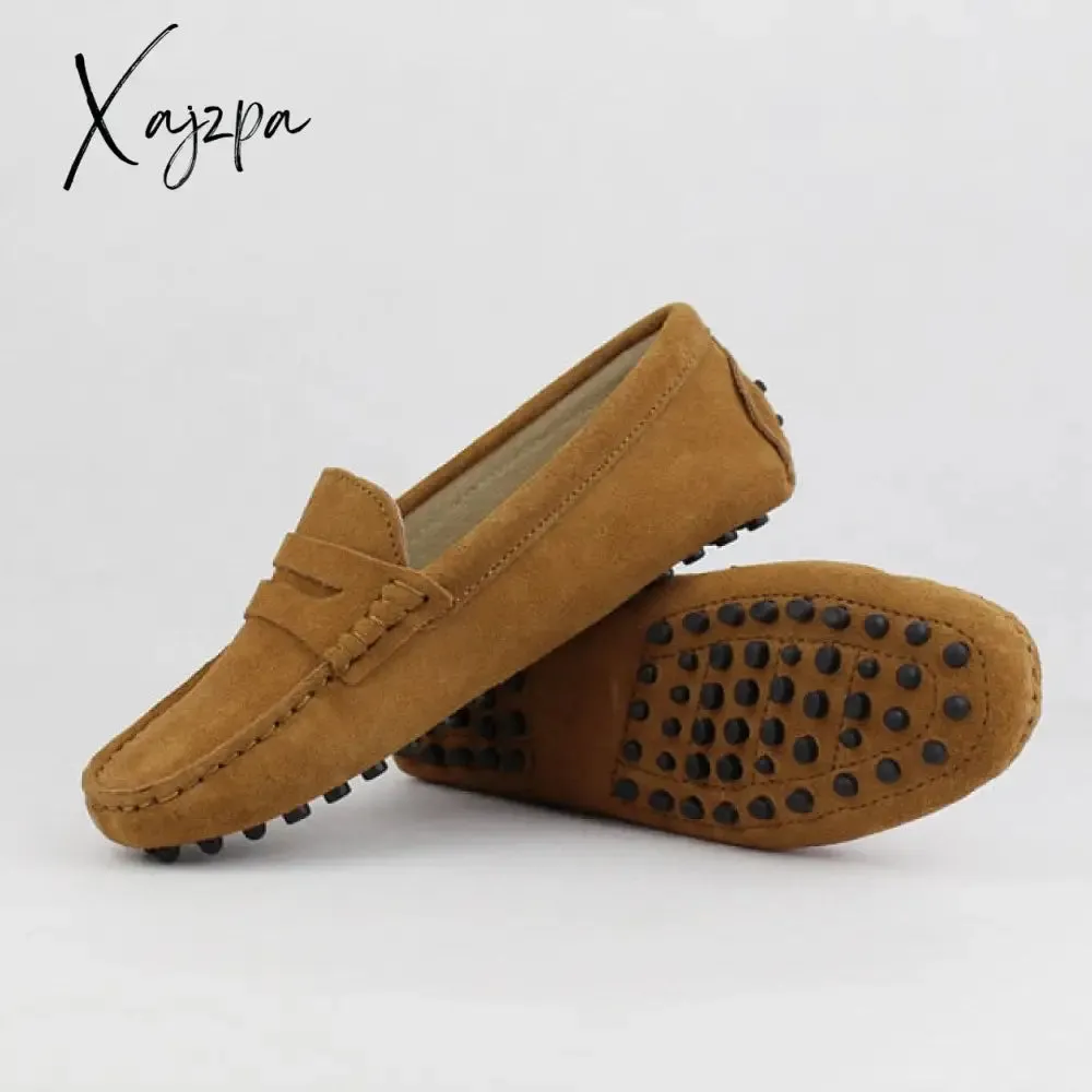 Xajzpa - Shoes Women 100% Genuine Leather Women Flat Shoes Casual Loafers Slip On Women's Flats Shoes Moccasins Lady Driving Shoes