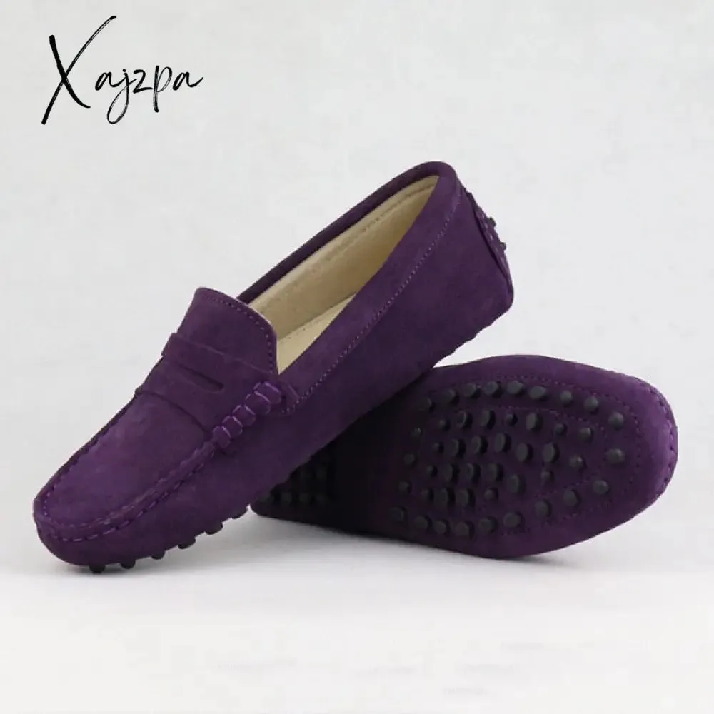 Xajzpa - Shoes Women 100% Genuine Leather Women Flat Shoes Casual Loafers Slip On Women's Flats Shoes Moccasins Lady Driving Shoes