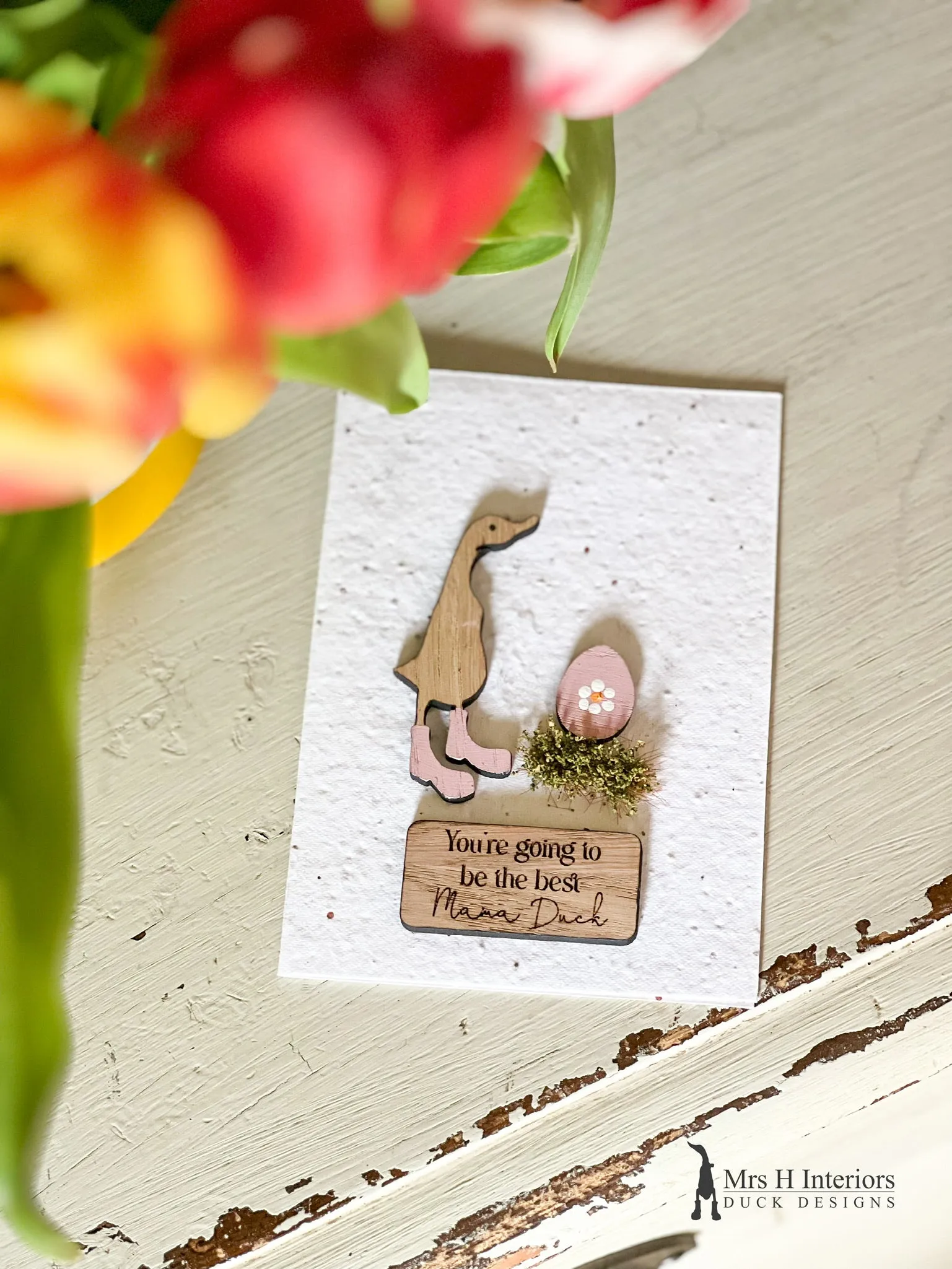 You're Going To Be The Best Mama Duck - Duck with Egg - Mother To Be Card - Decorated Wooden Duck in Boots by Mrs H the Duck Lady