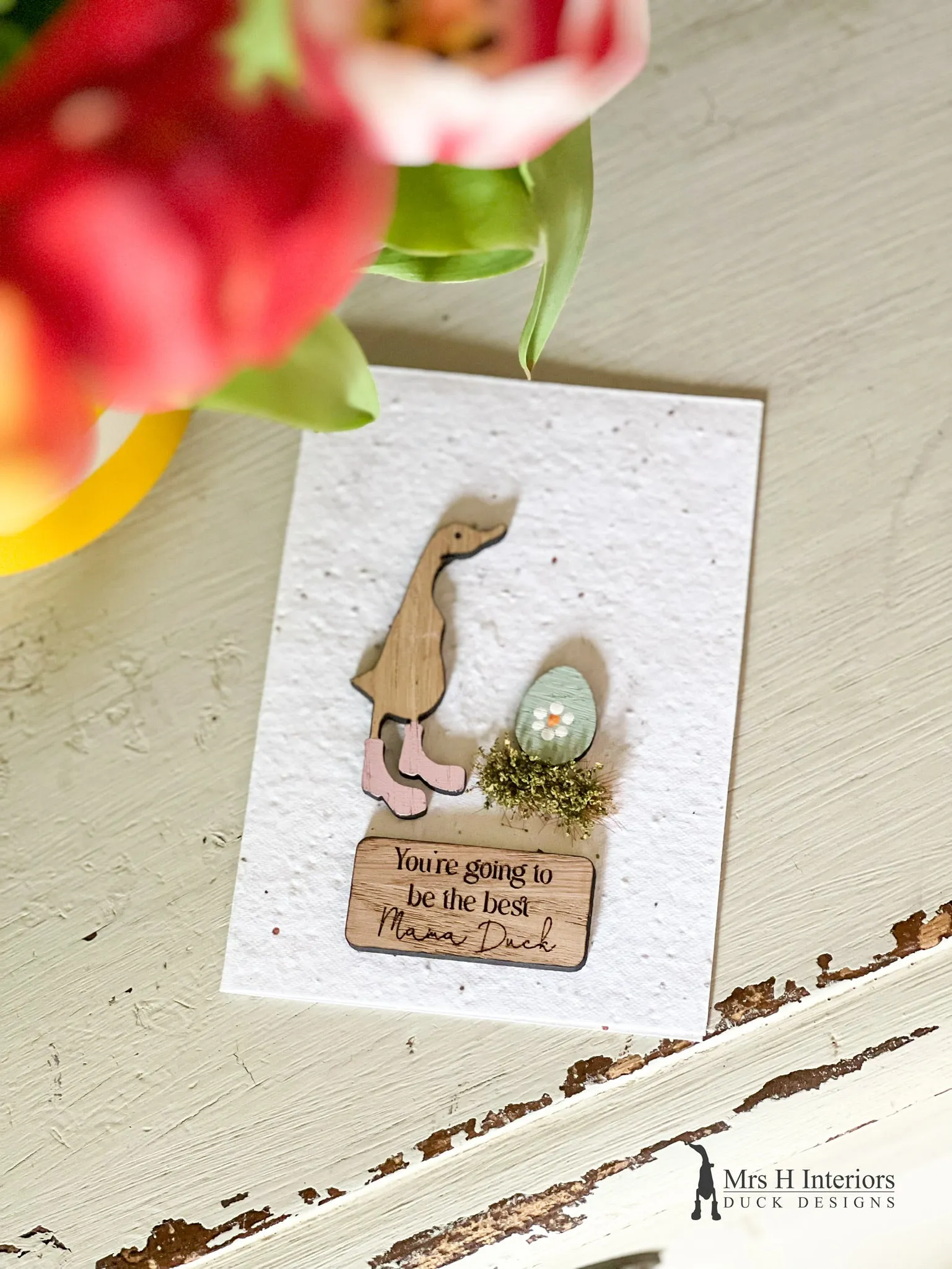 You're Going To Be The Best Mama Duck - Duck with Egg - Mother To Be Card - Decorated Wooden Duck in Boots by Mrs H the Duck Lady