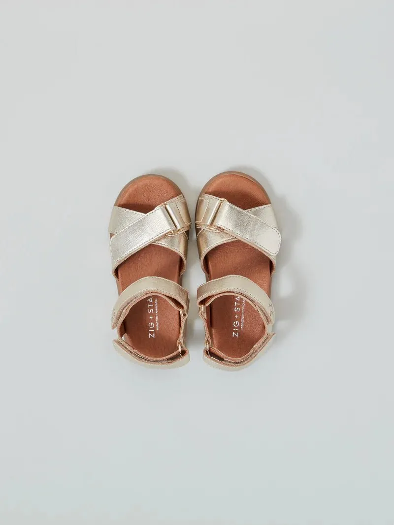 Zig   Star: Rae Cross-Strap Girls Sandals - Gold Dust